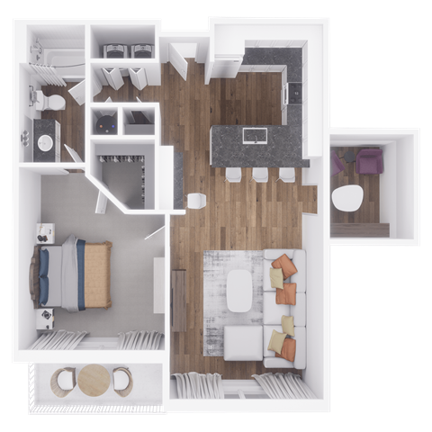 a furnished floor plan of a 1 bedroom apartment